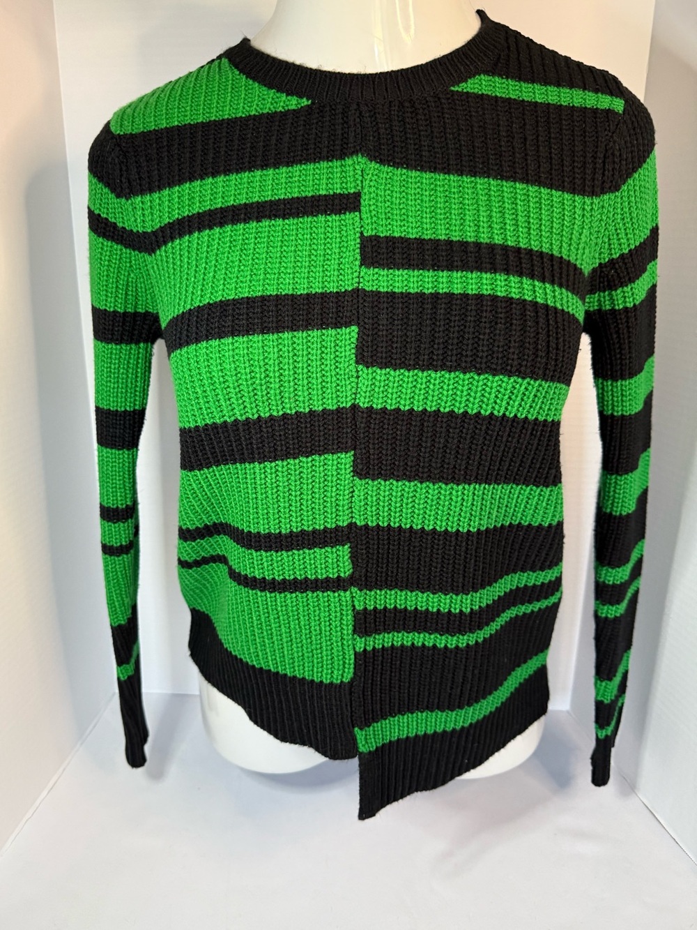 Nine West Asymmetrical Green & Black Striped Knit Sweater